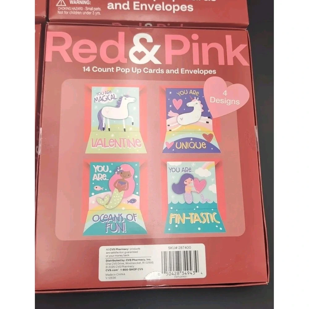 Red & Pink Pop Up Cards & Envelopes Unicorn mermaid Lot of 2 Boxes 28 Valentines